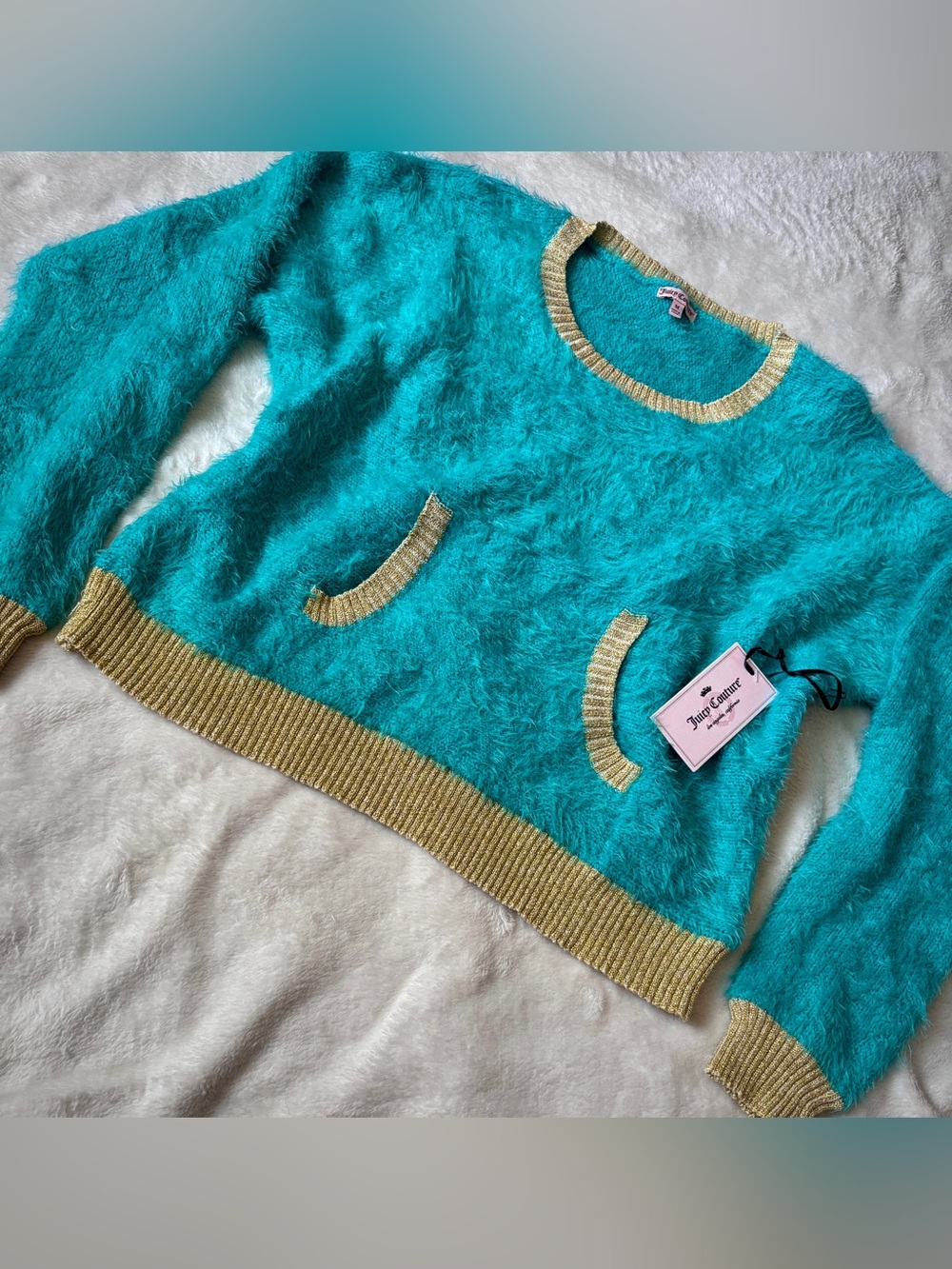 Juicy Couture NWT Teal Fuzzy Sweater Gold Trim Pockets Y2K Glam Medium